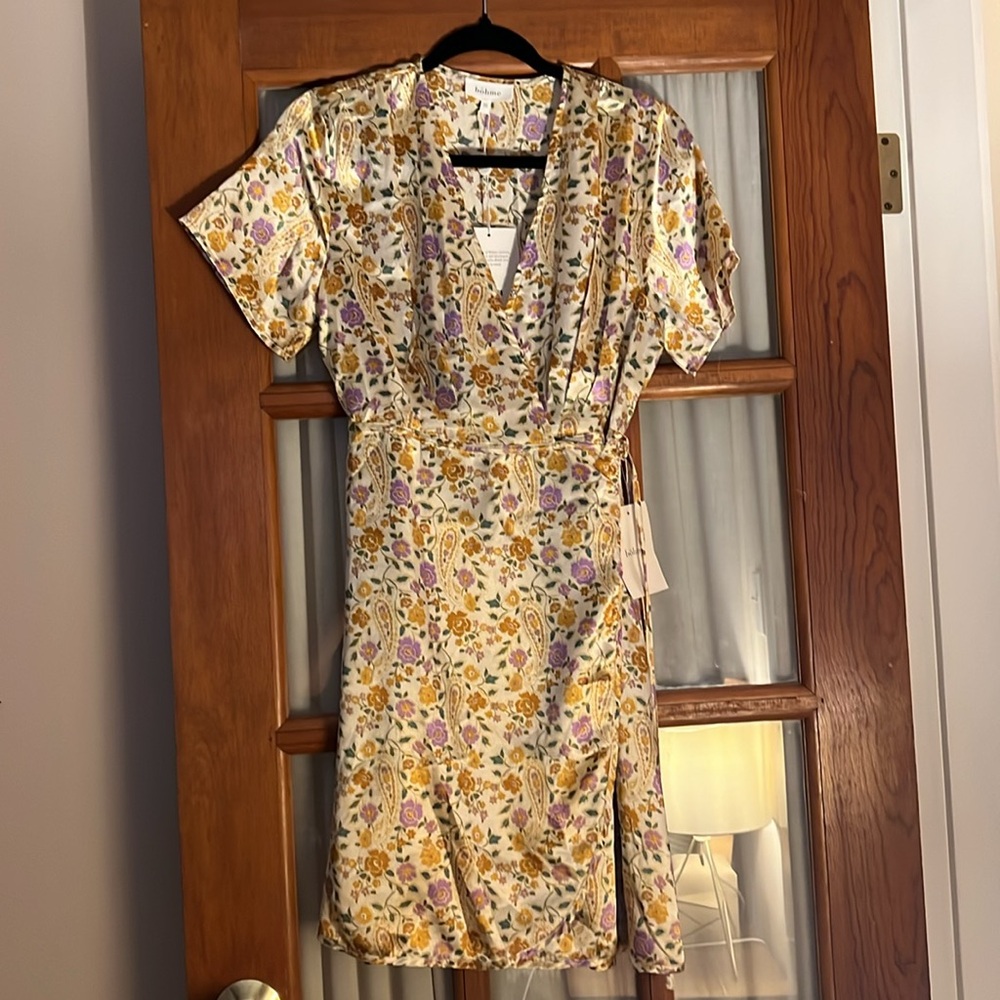Satin Floral Wrap Dress